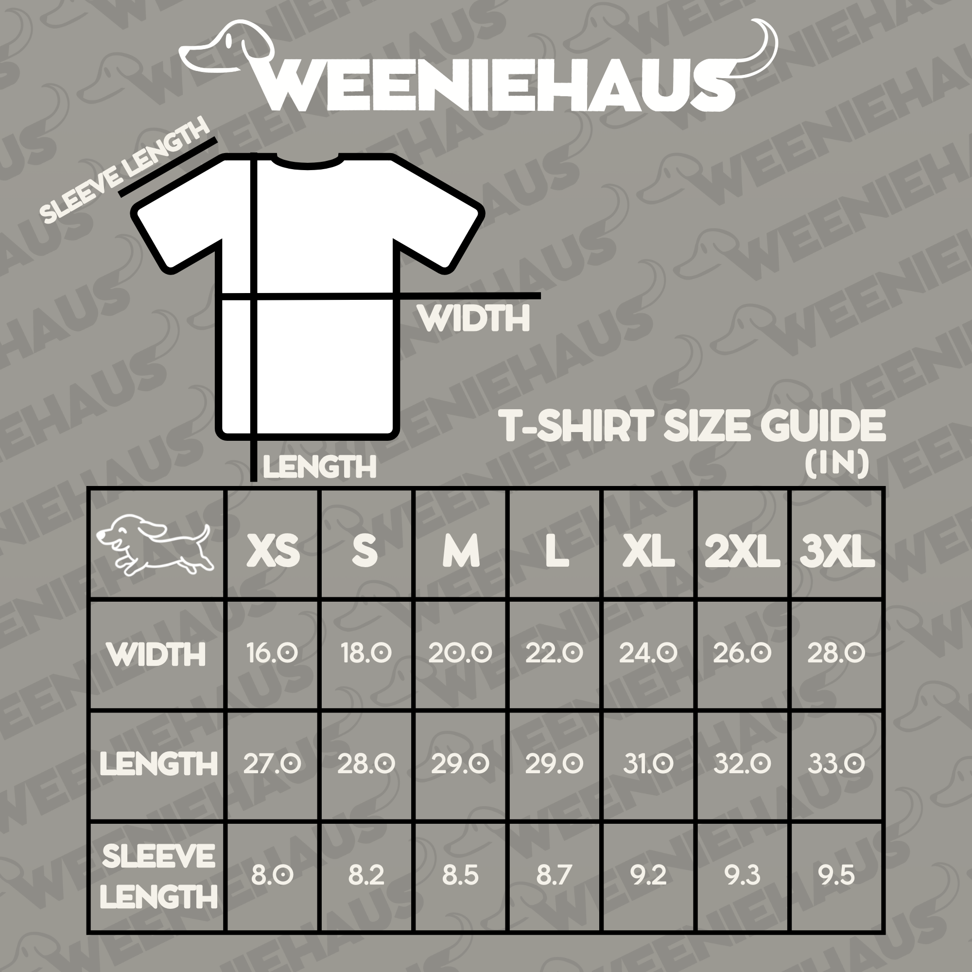 Tee Shirt Sizing with Alt text. All measurements are in inches (IN).
XS: Width 16. Length 27. Sleeve length 8.
Small: Width 18. Length 28. Sleeve length 8.2.
Medium: Width 20. Length 29. Sleeve length 8.5.
Large: Width 22. Length 29. Sleeve length 8.7.
XL: Width 24. Length 31. Sleeve length 9.2.
2XL: Width 2. Length 32. Sleeve length 9.3.
3XL: Width 28. Length 33. Sleeve length 9.5.